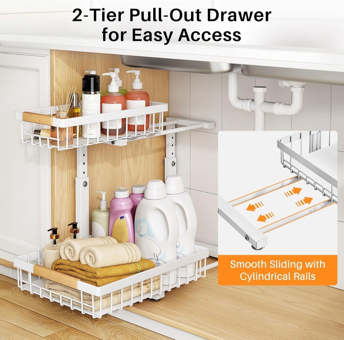 PXRACK Under Sink Organizer,1 Pack,2 Tier Metal Slide out Sink Shelf Pull out Cabinet Organizer Drawers, Under Sink Organizers and Storage for Kitchen Bathroom Pantry Closet Cabinet