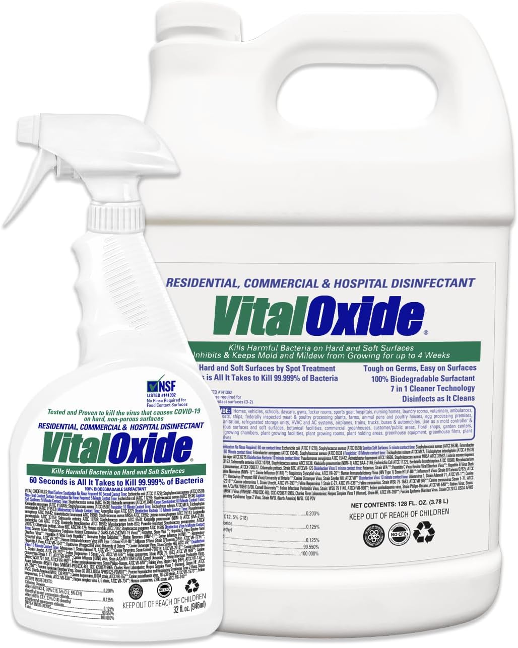 Vital Oxide Disinfectant, Deodorizer, Cleaner, Food-Contact Sanitizer, Virucide – (EPA registration #82972-1) – Kills Mold & Mildew, Eliminates Odors – 1 Gallon + 32oz Spray Bottle