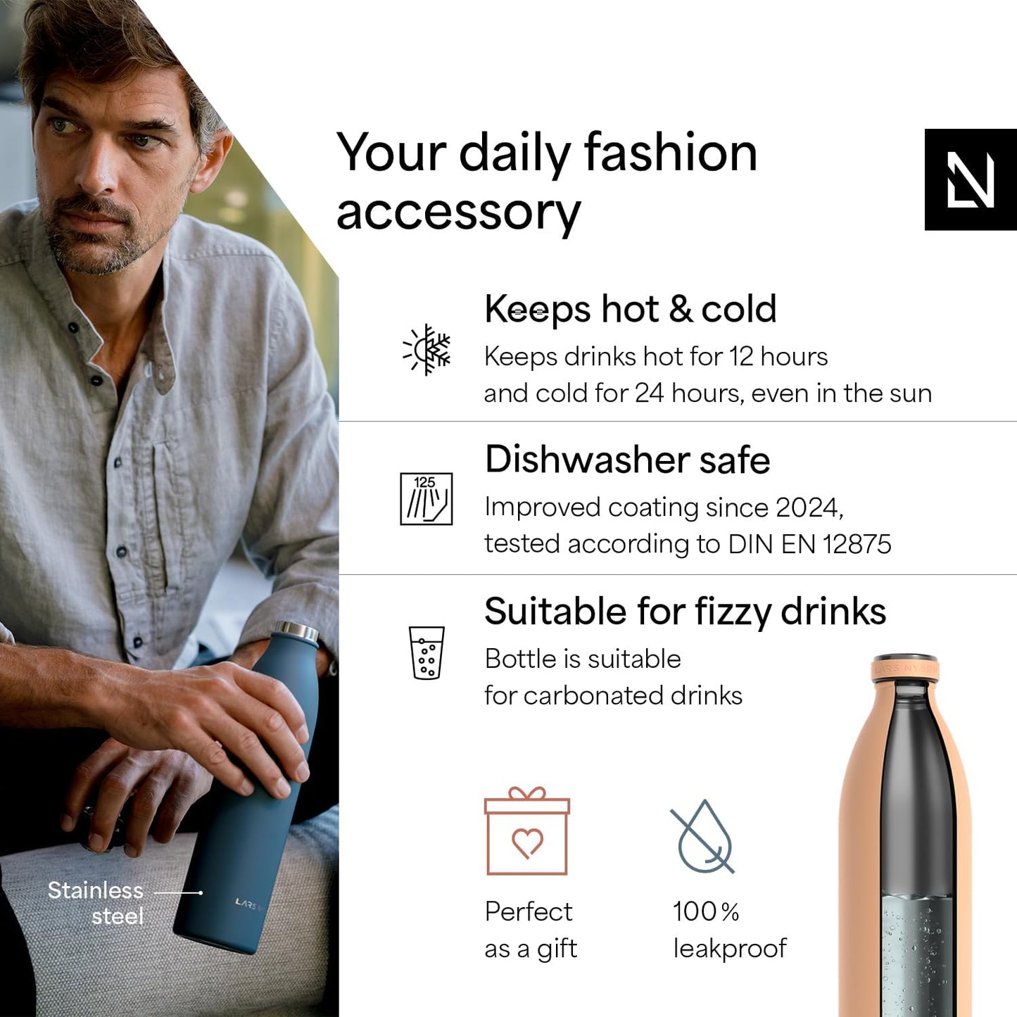 LARS NYSØM Stainless Steel Insulated XL Water Bottle 12oz 17oz 25oz 34oz 51oz | Insulated Thermo Flask for Hot and Cold Beverages | Leakproof Drinking Bottle (Creamy Peach, 50.7 oz)