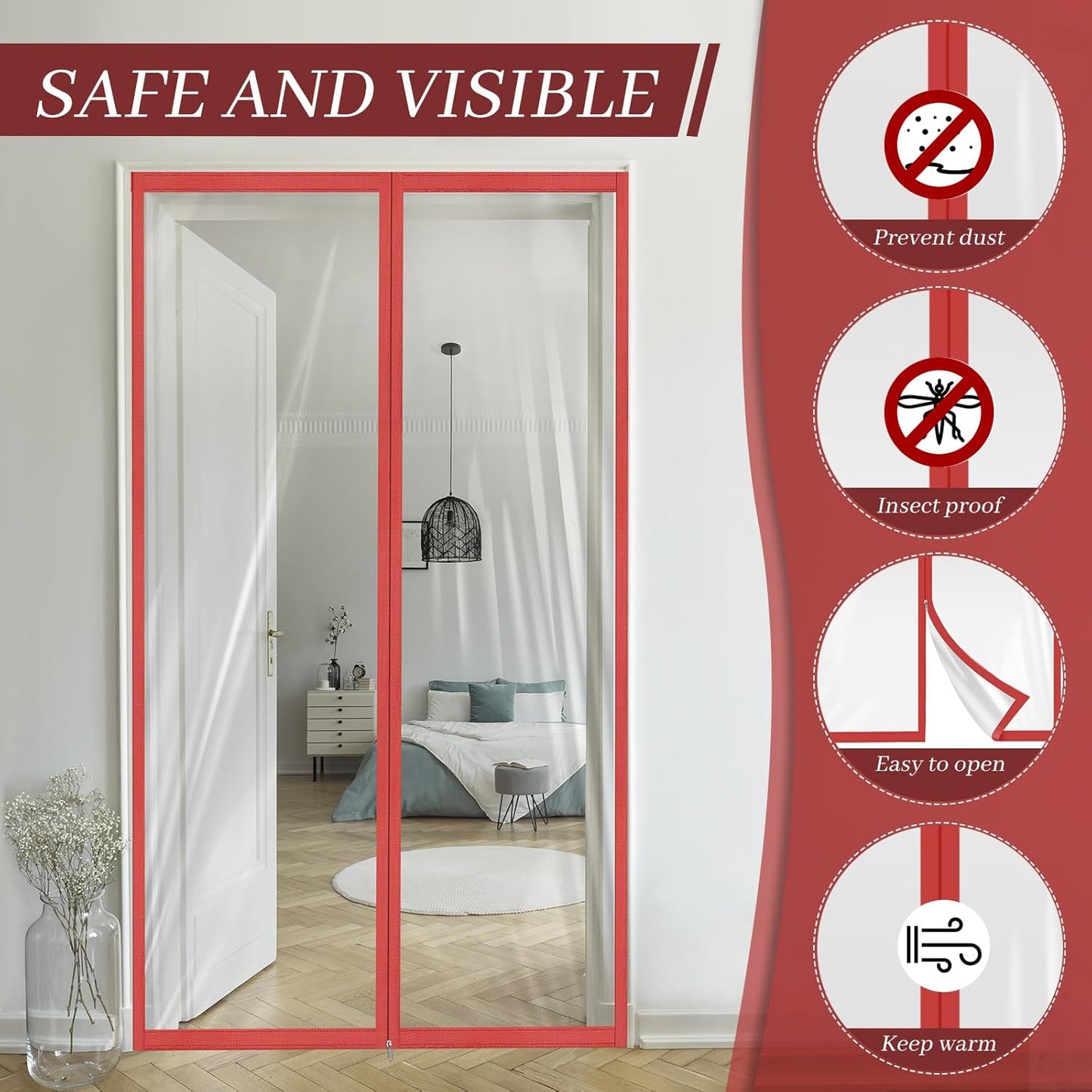 Amylove Zipper 60 x 102 Inch Dust Barrier Kit Red Edged Temporary Construction Door Barrier 5 x 8.5 ft Reusable Plastic Curtain Cover Containment Doorway Wall Screen Sheeting for Bathroom Hallway