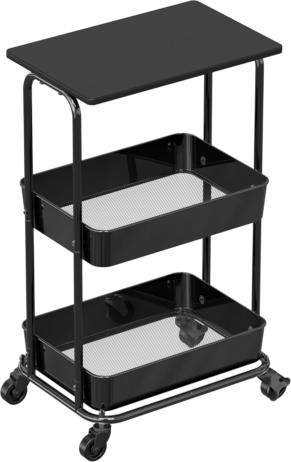 Simple Houseware 2-Tier Rolling Utility Cart with Lockable Wheels and Wood Top, Metal Storage Organizer Trolley for Kitchen, Bathroom, Office, Craft Room, Black