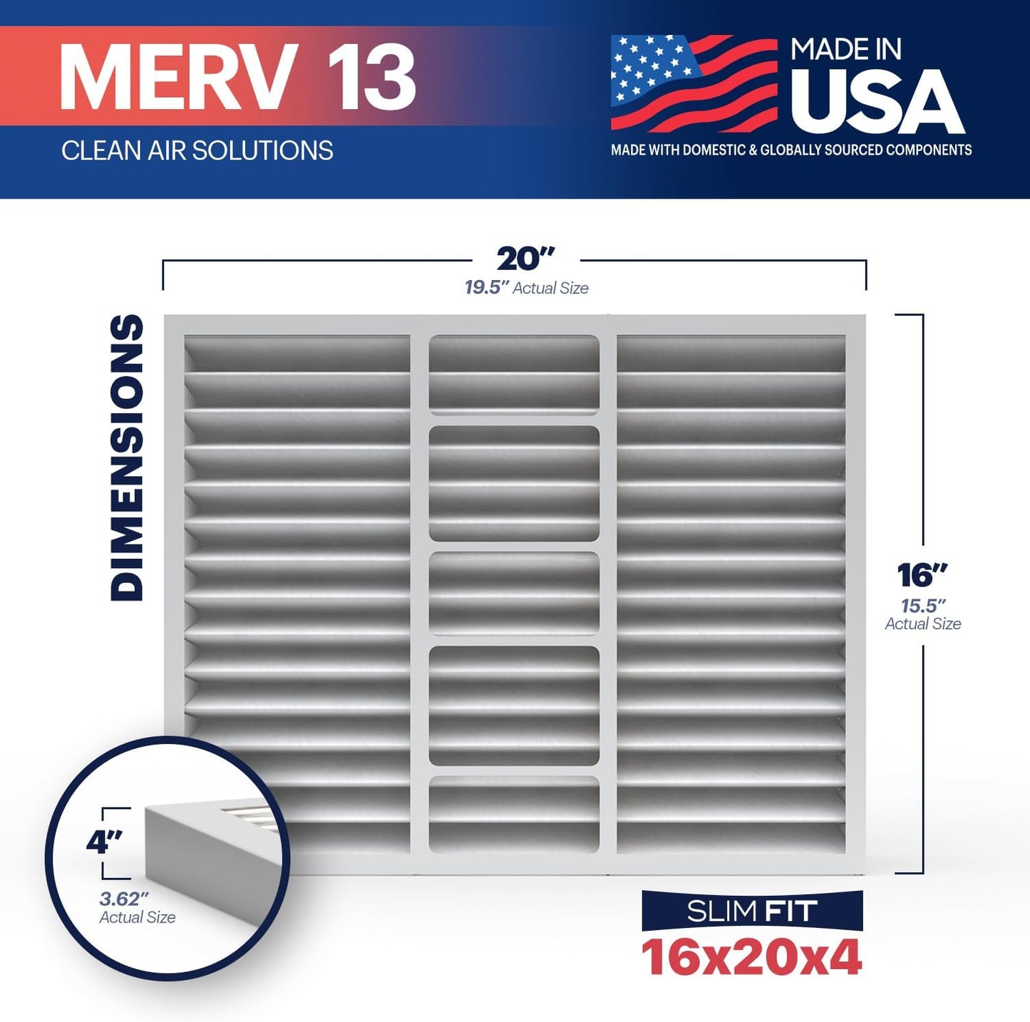 BNX TruFilter 16x20x4 (15.5’’ x 19.5’’ x 3.63‘’ Slim Fit) MERV 13 Air Filter (2-Pack) - MADE IN USA - Air Conditioner HVAC AC Furnace Filters Health, Allergies, Mold, Bacteria, Smoke, MPR 1900 FPR 10
