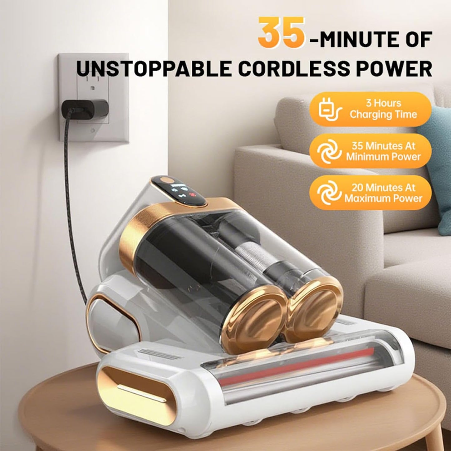 Bed Vacuum Cleaner, 16Kpa Mattress Vacuum Cleaner with 253.7nm UV-C Light 48000 RPM/Min Brushroll & Ultrasonic Tech Dual Bins for Dust & Widen Suction Port 120W Cordless for Bed Sofa(White)