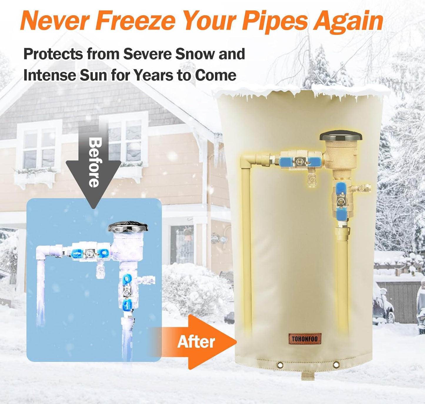 TOHONFOO Backflow Preventer Pipe Insulation Cover (5°F) - Irrigation Sprinkler Valve Insulated Pouch - Water Well Pump Cover - Sturdy 5 Layers for Winter Freeze Protection, 14" W x 26" H, Beige