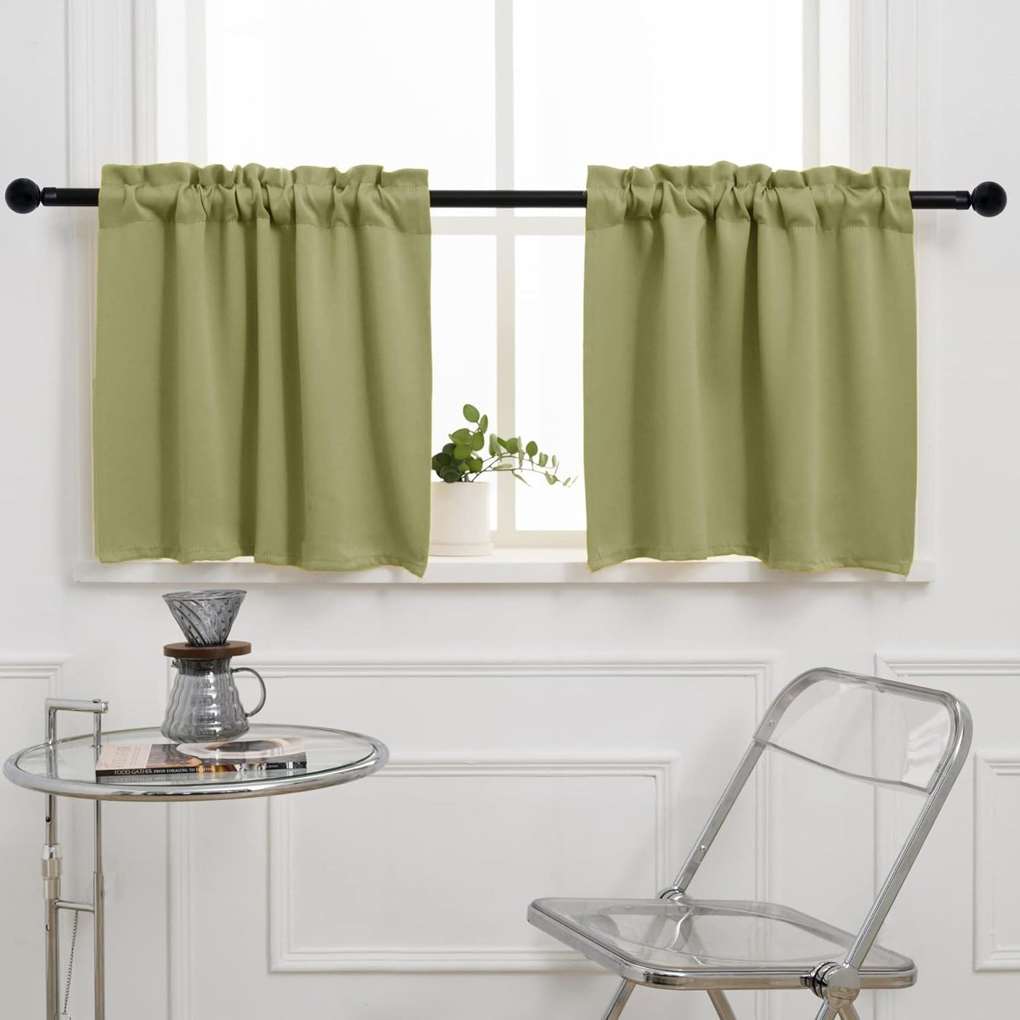 Pickluc Rod Pocket Tier Curtain - Half Blackout Curtain for Kitchen, Bathroom, Cabinet, Basement, 42 Inches Wide and 24 Inches Long, Sage Green, 2 Panels