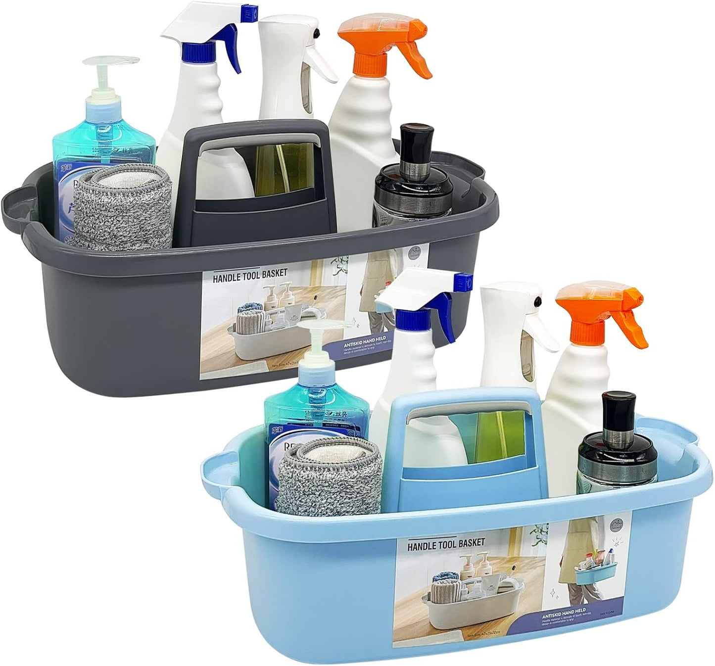 2 Pack Multi-Purpose Plastic Cleaning Caddy with Handle, Shower Caddy Organizer/Storage Basket/Totes Portable for Bathroom Supplies, Cleaning Products, Under Sink Tool. (blue+grey)