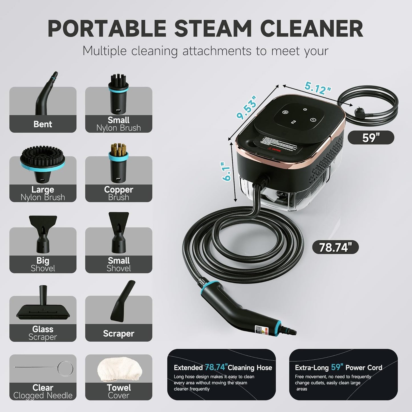 Steam Cleaner, Portable Steamer for Cleaning, Multipurpose Cleaning Steamer with Replacement Heads for Home, Dirt, Grease, Grout, Tile,Floor, Car Detailing