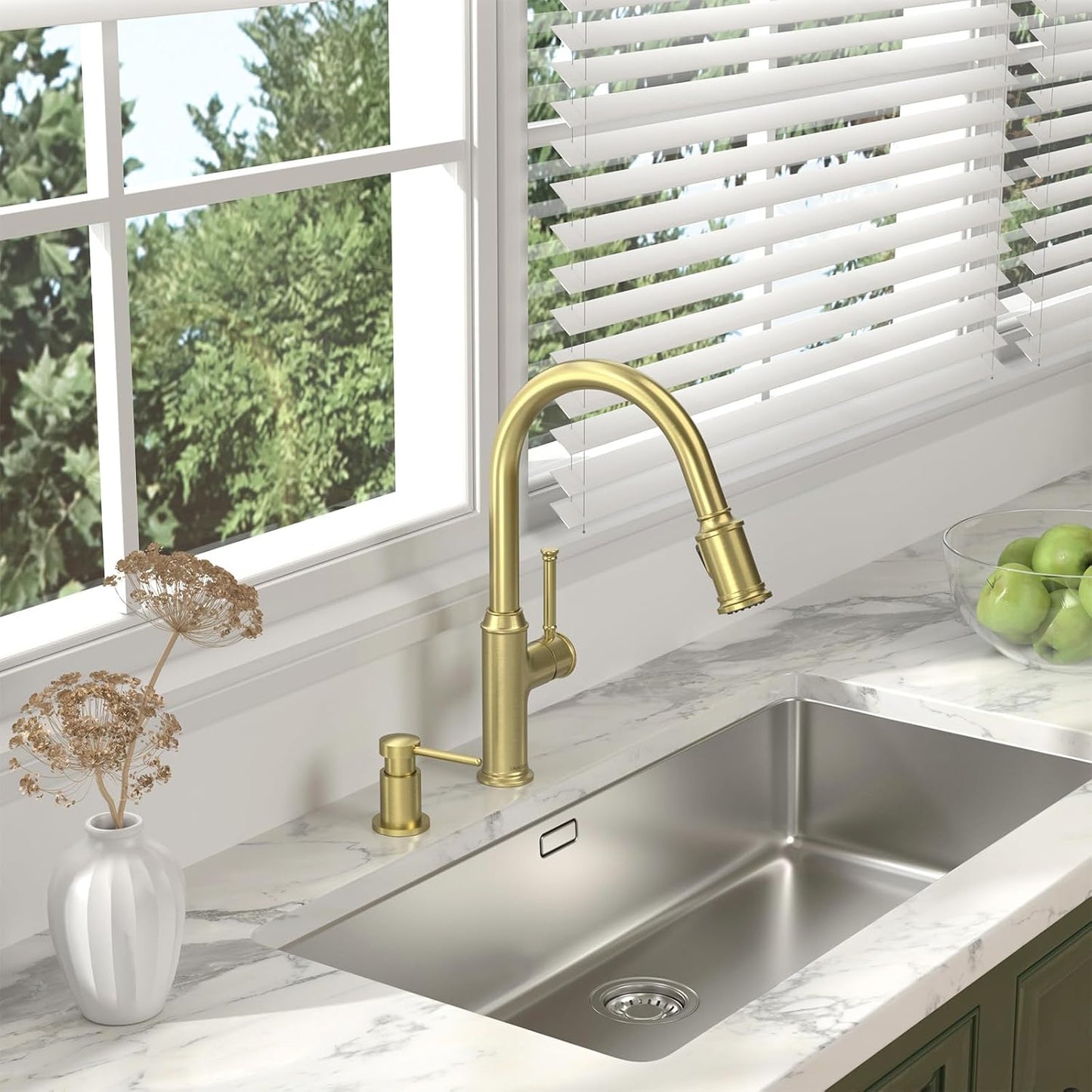 Lava Odoro Gold Soap Dispenser for Kitchen Sink, Modern Brass Built in Countertop Pump Dispenser with 18 Oz Refillable Bottle, Kitchen Soap and Lotion Dispenser Spot-Free, Brushed Gold, KSD-21