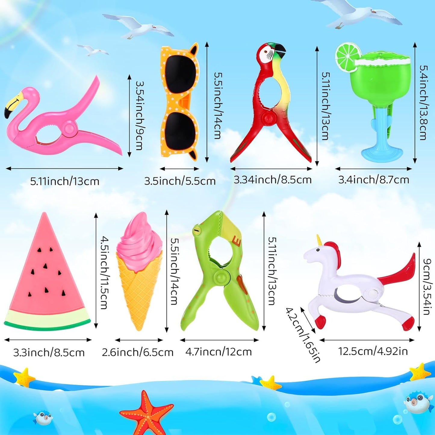 Rtteri 16 Pcs Beach Towel Clips for Beach Chairs Cute Towel Holder Cruise Clothes Pins for Lounge Chair Patio Pool, Assorted Style(Bright)