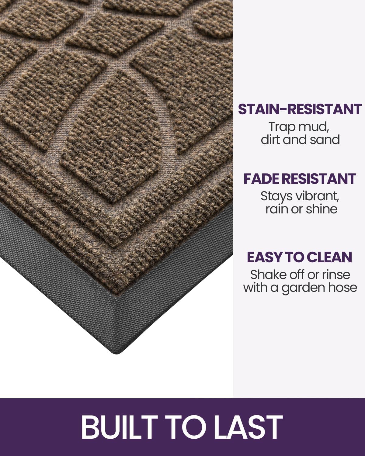 DEXI Front Door Mat Outside Entrance, Heavy Duty Non Slip Low Profile Doormat for Entryway, Trap Dirt and Moisture Welcome Mats, Easy Clean, Patio, Garage, 17x29, Brown