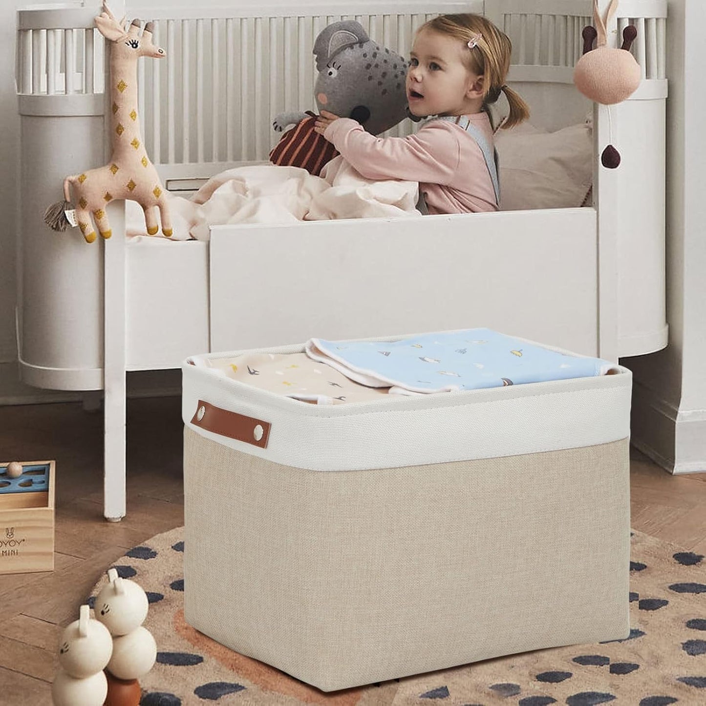 DULLEMELO Storage Baskets Large 16"x12"x12" Tall Rectangular Baskets Fabric Storage Bins for Organizing [1 Pack] Collapsible Linen Shelf Baskets for Clothes, Toys, Closet, Laundry (White&Khaki)