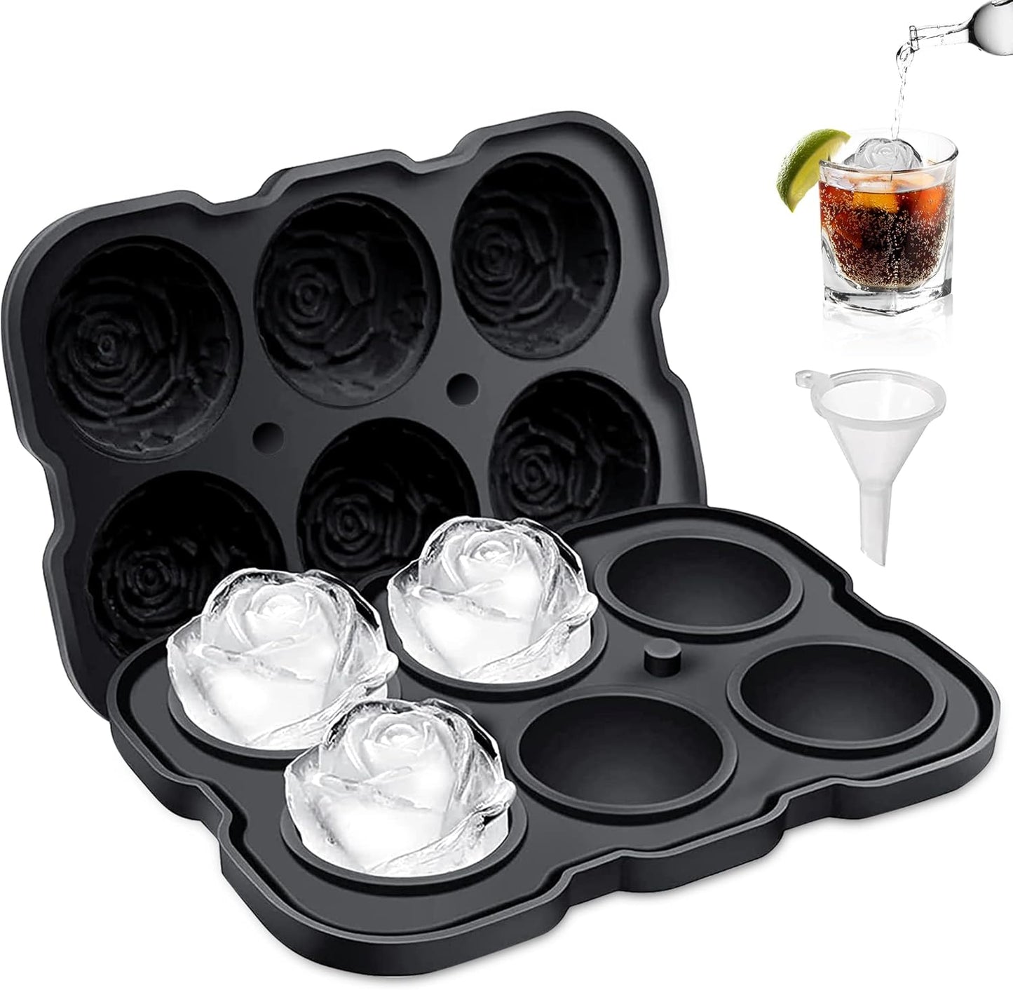 Rose Ice Cube Tray,ZACHDEE 2" Flower Silicone Ice Cube Tray With Covers,6 Easy Release Large Ice Ball for Cocktails, Drinks, Whiskey, Bourbon & Homemade Juice