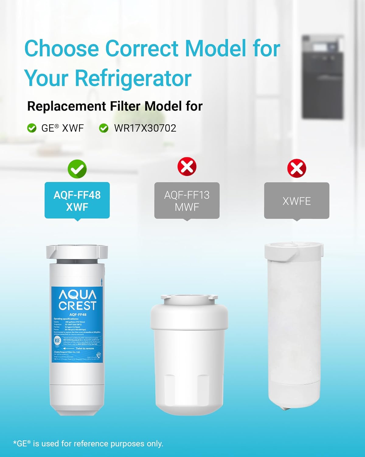 AQUA CREST XWF Replacement for GE® XWF, NSF Certified Refrigerator Water Filter, 1 Filter(Not XWFE®)