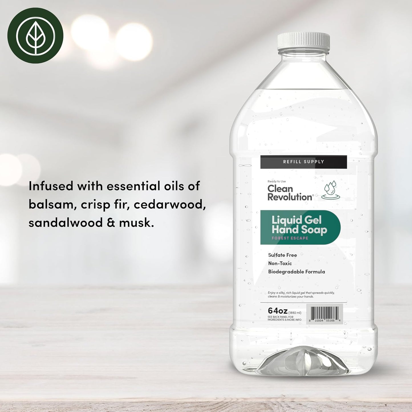 Clean Revolution Liquid Gel Hand Soap, Silky Rich Liquid, Quick Lather, Fast Rinsing, Contains Real Essential Oils (Forest Escape) 64 Fl Oz