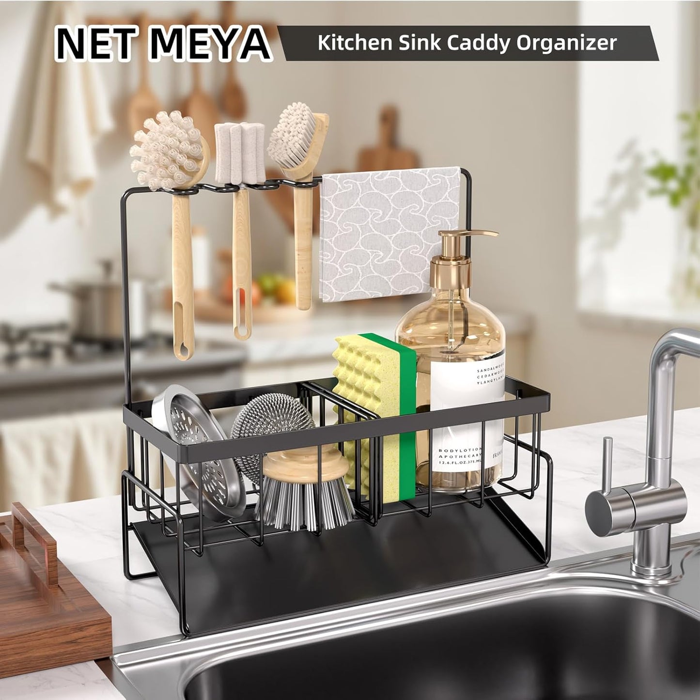 NET MEYA Sponge Holder for Kitchen Sink,Stainless Steel Sink Caddy With Brush Holder and Dishcloth Holder,Sink Oragnizer Kitchen Countertop Dish Soap Dispenser Set,Multifunctional Sink Organizer Caddy