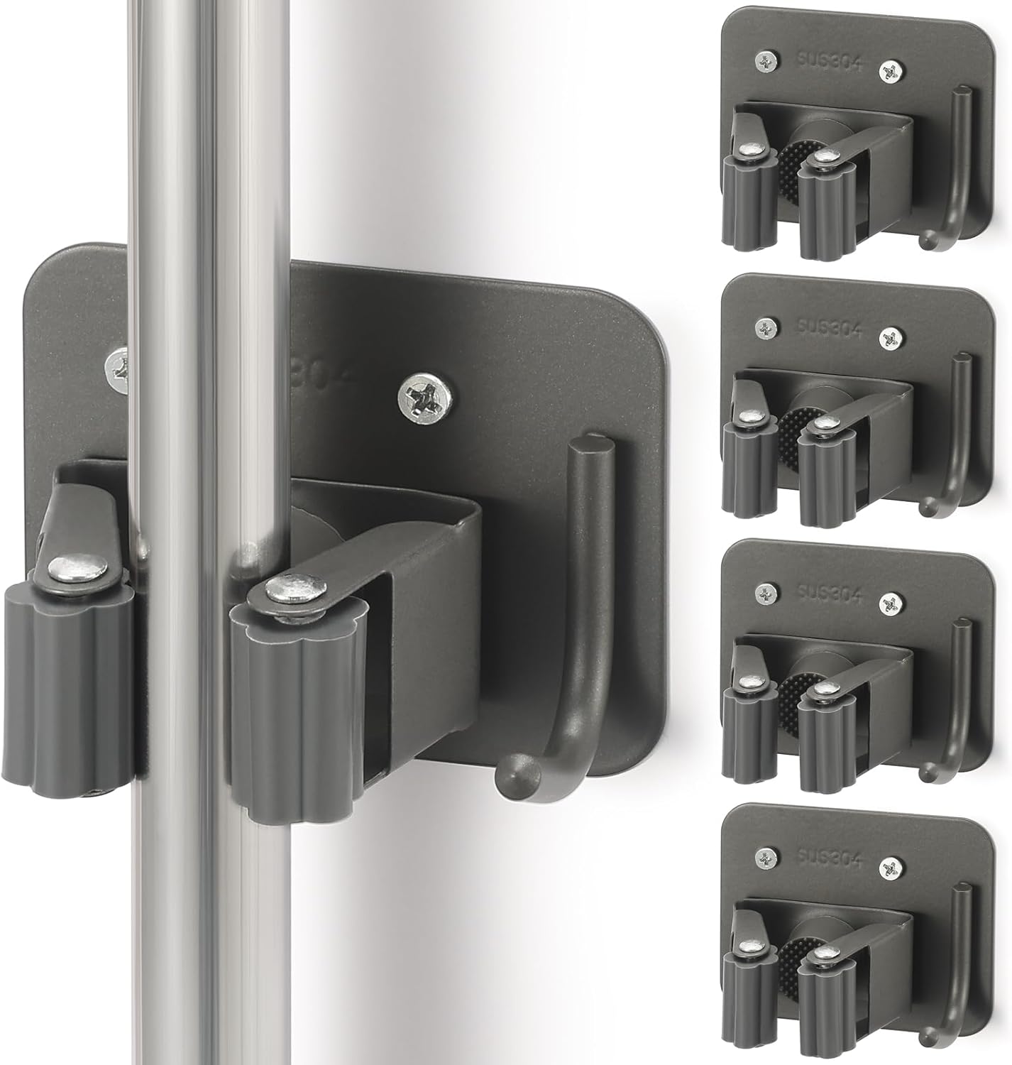 Broom Holder Wall Mount Screw Drilling, Sturdy Heavy Duty Stainless Steel Mop Gripper Rack Perforated, Perfect for Laundry Room Organizer, Fit with Laundry Kitchen Garage Garden Storage System