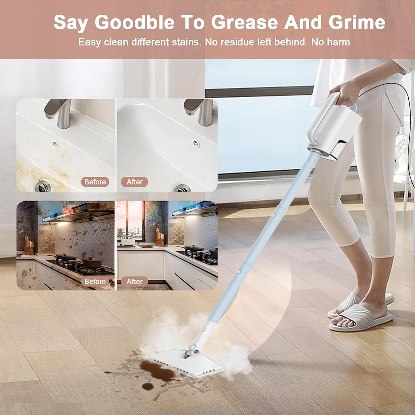 Steam Mop Cleaner, 7 in 1 Rotated Steam Cleaner for Home, Adjustable 2 Modes Steam Mop with 23FT Power Cable and 400ML Removable Tank, Hard Floor, Laminate Floor, Tiles Cleaning (Emerald Blue)