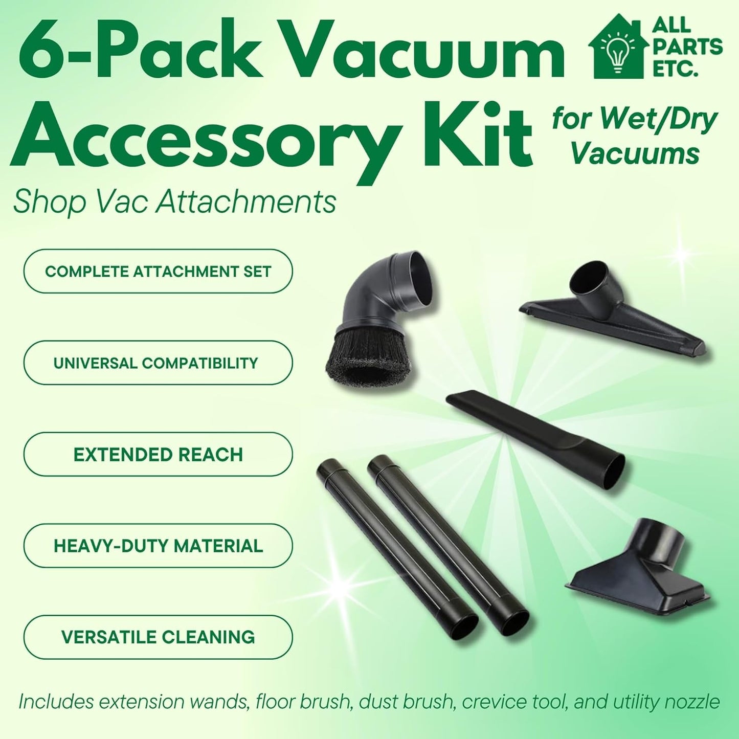 2 1/2 inch Attachments & Accessories 2.5 Wet Dry Vac - Extension Wands, Floor Brush, Dust Brush, Crevice Tool, Utility Nozzle, Compatible with Shop Vac - 6-Pack Attachments