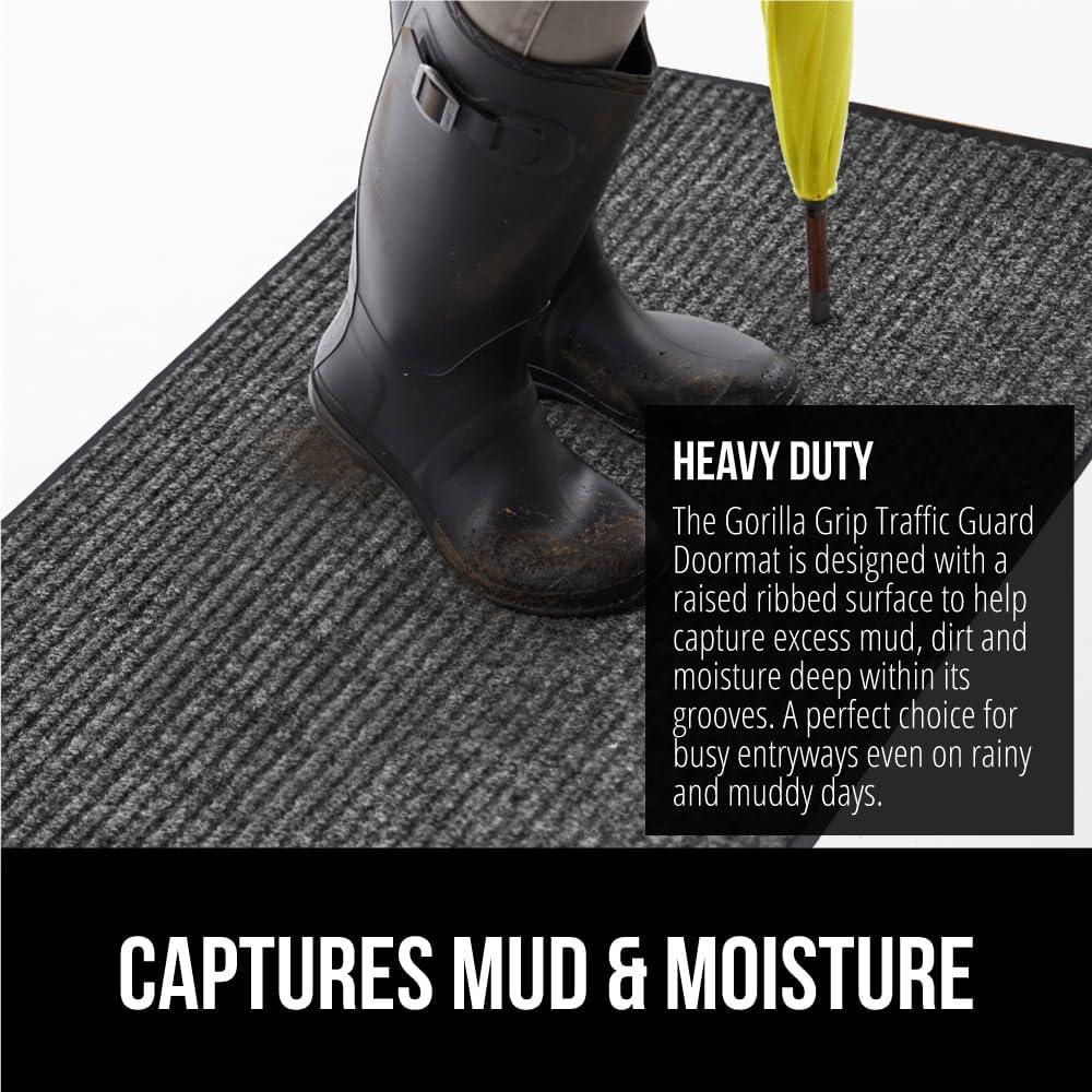 GORILLA GRIP Traffic Guard Door Mat, 70x24, Heavy Duty Welcome Mats, Commercial Office Space Doormat, Waterproof, Fade Resistant, Strong Rubber Backing, Low Profile, Shoe and Boot Scraper, Gray