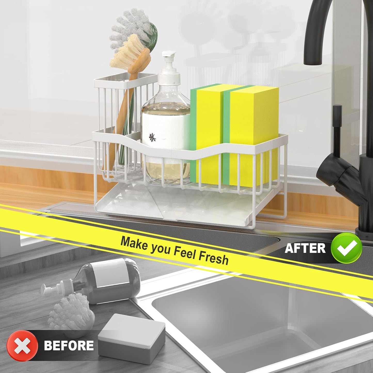 Maifan Sink Caddy Sponge Holder for Kitchen with Brush Holder and Stainless Steel Self Drain Tray, Rustproof Kitchen Sink Organizer for Sponge, Soap Dispenser Storage Accessories