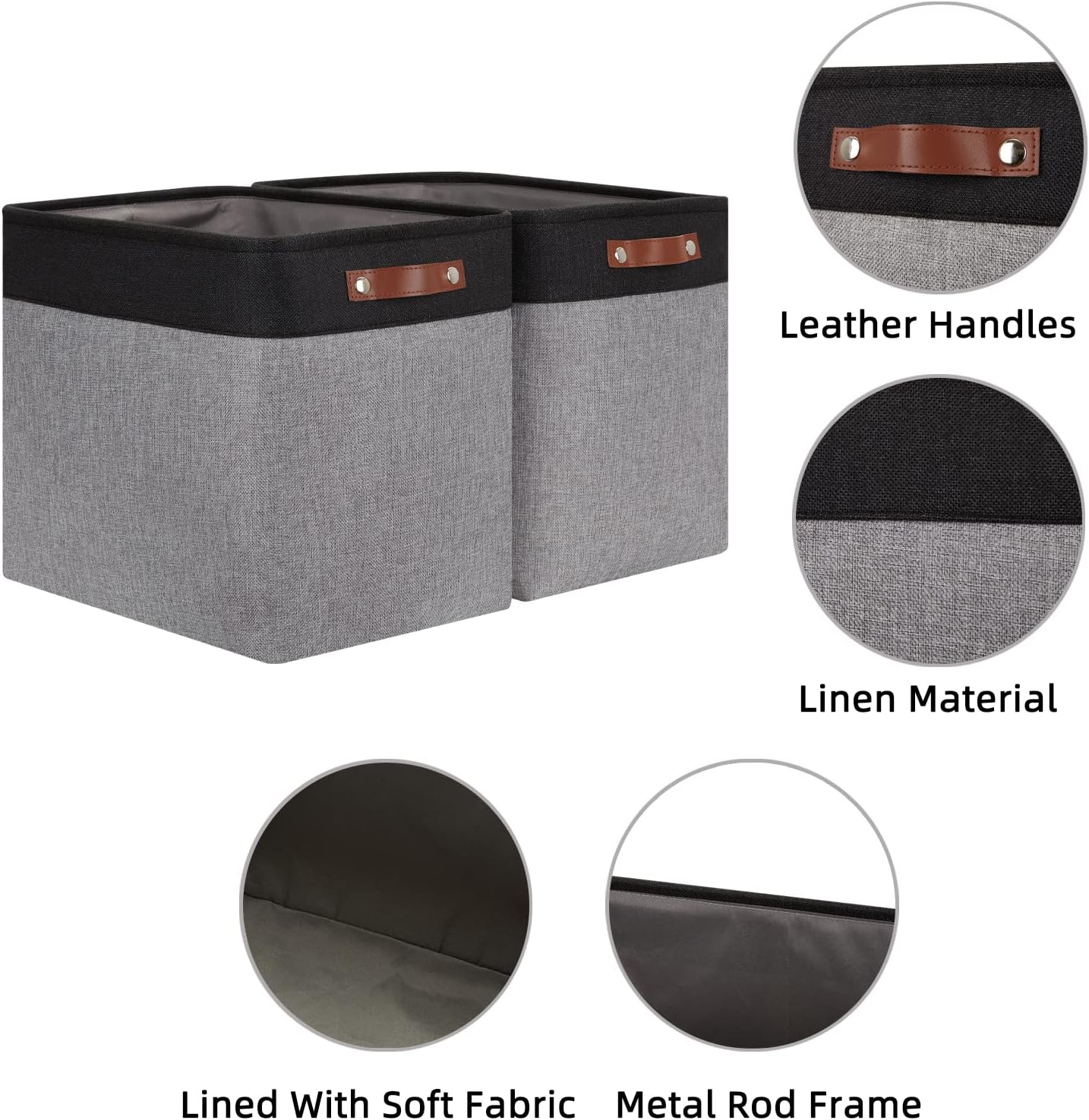 HNZIGE Fabric Storage Baskets Large Cloth Baskets Set of 2, Rectangular Shelf Baskets with Handles for storage, Foldable Tall Baskets for Organizing Linen Closet Organizers(Gray Black)