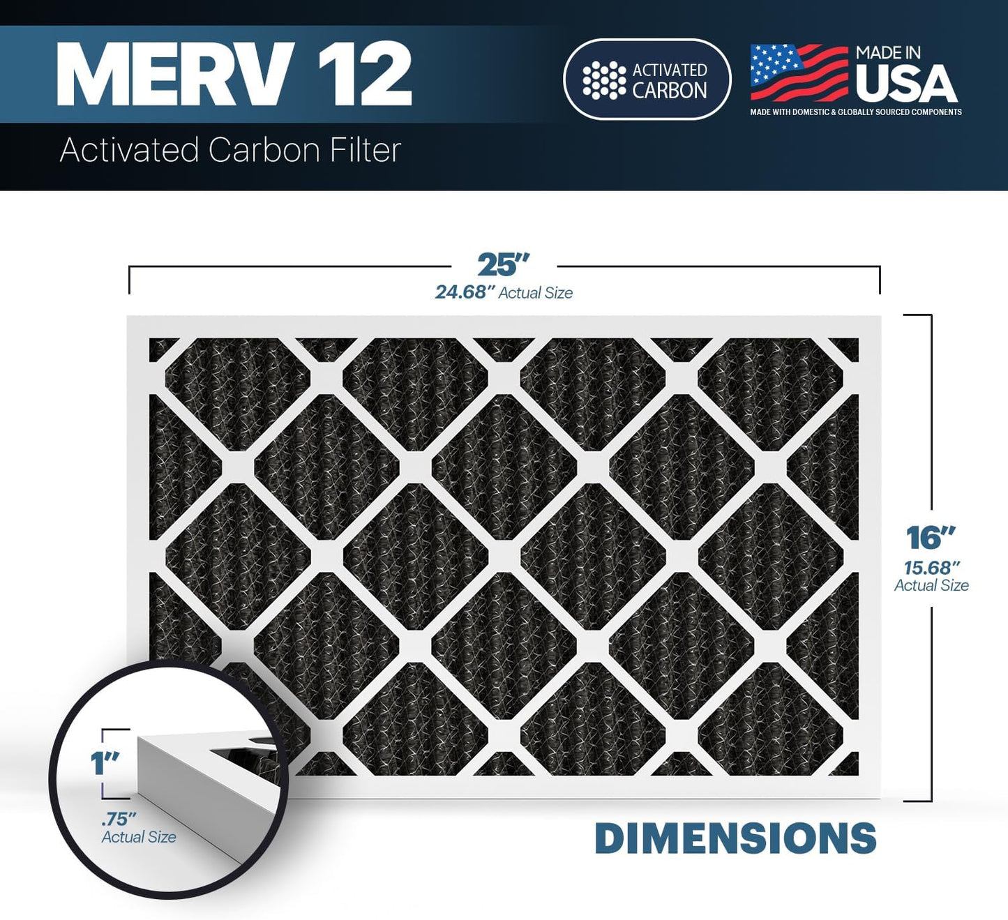 BNX TruFilter 16x25x1 MERV 12 Odor Defense (4-Pack) AC Furnace Air Filter with Activated Carbon - MADE IN USA - Pleated Air Conditioner HVAC AC Furnace Filters - Removes Odor, Mold, Bacteria, Smoke