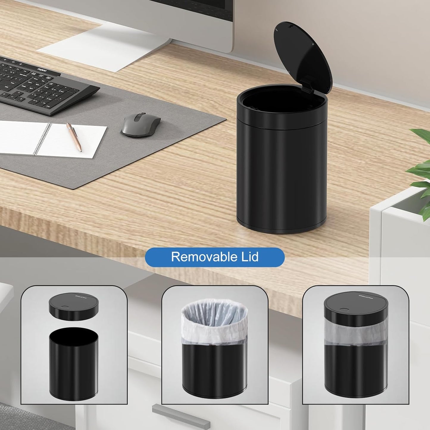 Mini Trash Can for Desk with Pop Up Lid,1.5L Tiny Trash Can for Desk, 0.4 Gal Stainless Steel mini Desk Trash can with Lid，Small Counter Garbage Bin with 1 Roll Bags for Bathroom,Office(Black)