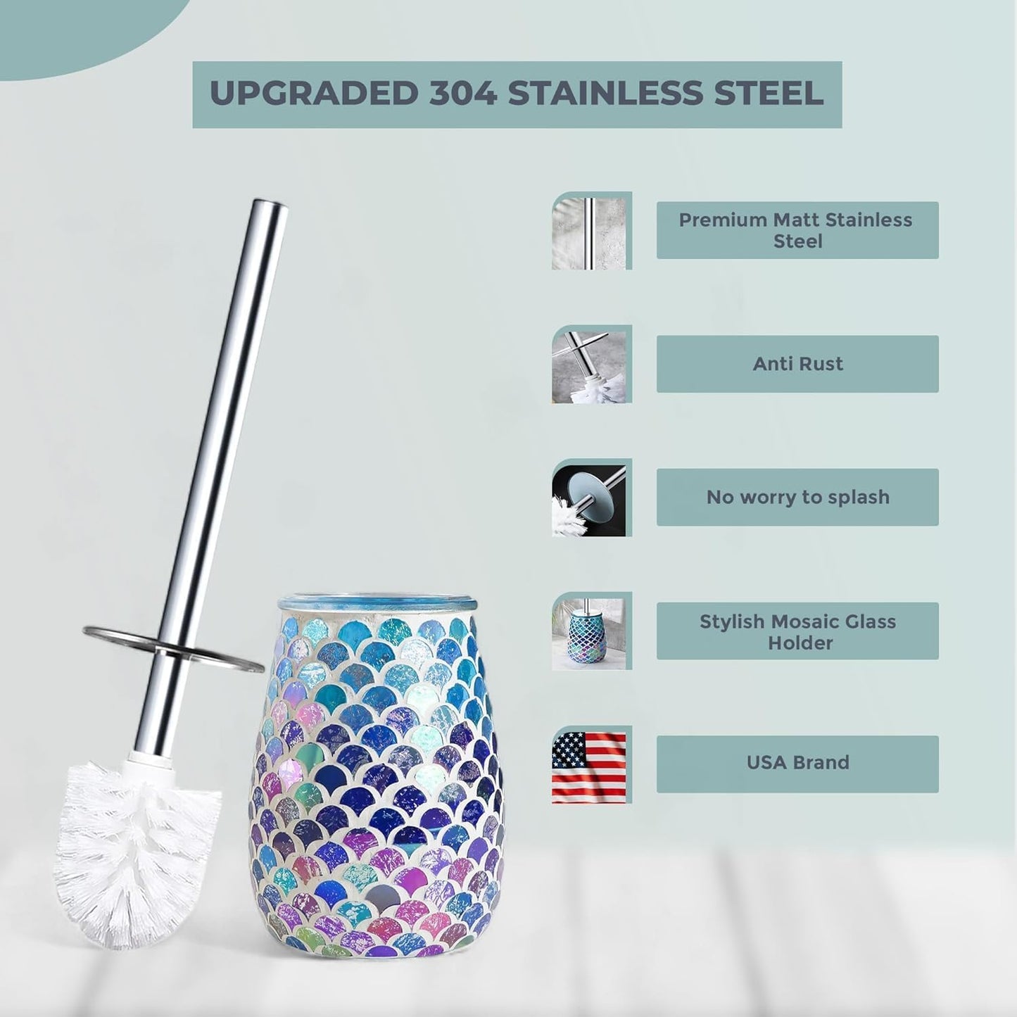 Escenzy Mermaid Bathroom Toilet Brush and Holder Set Mosaic Glass | Non-Rustic Stainless Steel | Practical & Decorative Toilet Bowl Brush and Holder | Luxury Mermaid Bathroom Decor