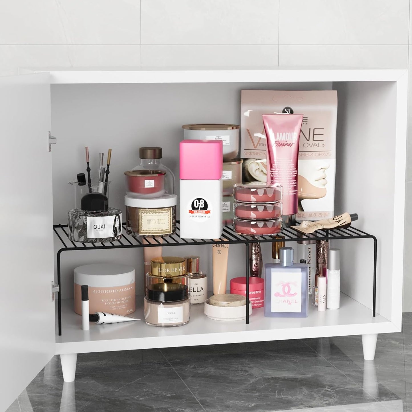 Expandable Storage Shelf, Pantry Organizers and Storage, Adjustable Rustproof Metal Wire Spice Rack, Space Saver Kitchen Storage Shelves for Pan, Pot, Countertop, Drawer, Fridge, Set of 6, Black