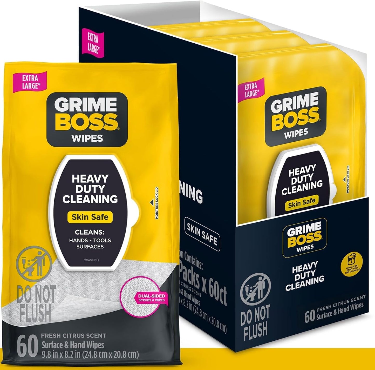 Grime Boss Heavy Duty Surface and Hand Wipes (4x60ct) | Wet Wipes Remove Paint, Oil, Grease, Adhesives, Mud, Dirt | Shop Wipes Replace Cleaners like Rags, Towels, Pumice, Soap
