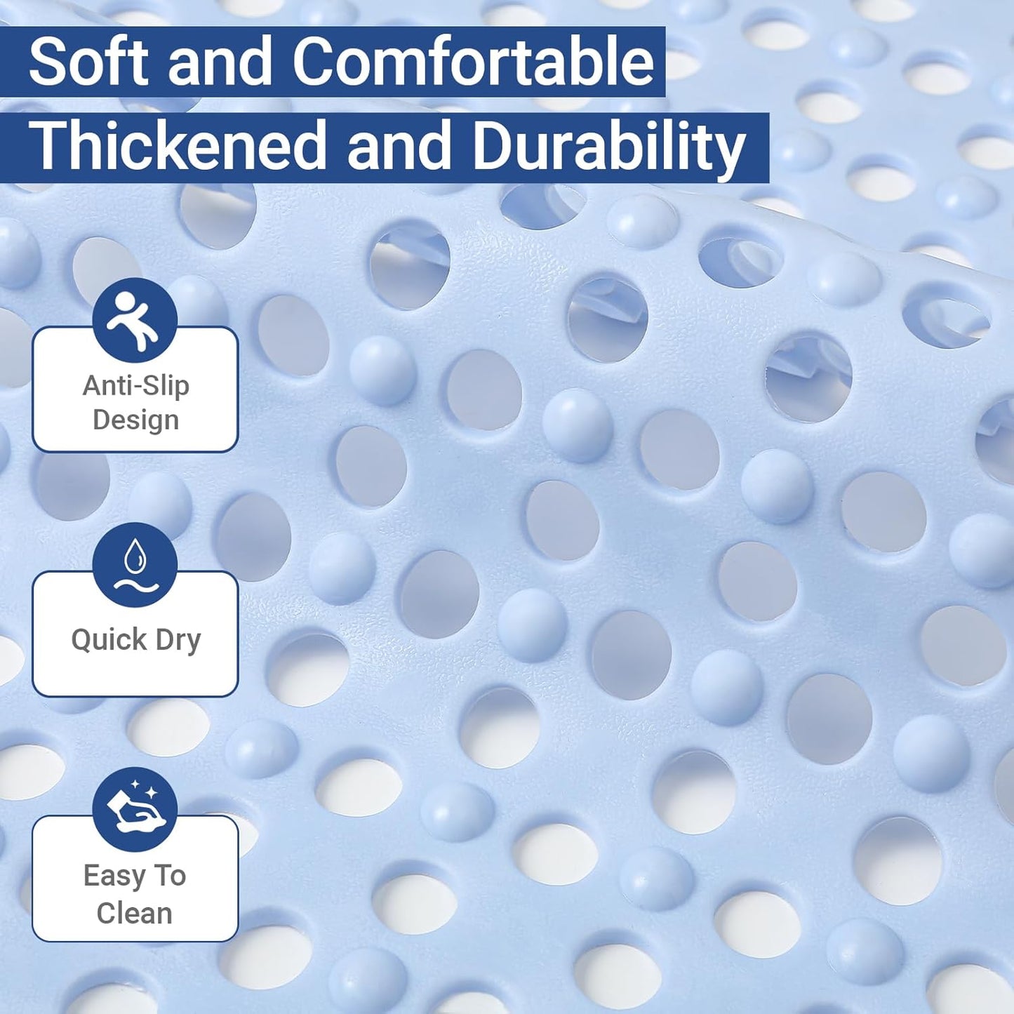 Non Slip Bathtub Mat and Shower Mat 31x17 inch,Bath Mat with Quick Dry Drain Holes and Suction Cups, Soft Comfortable Safe Bathroom Mat for Bath Tub, Floor, Tile (Light Blue)