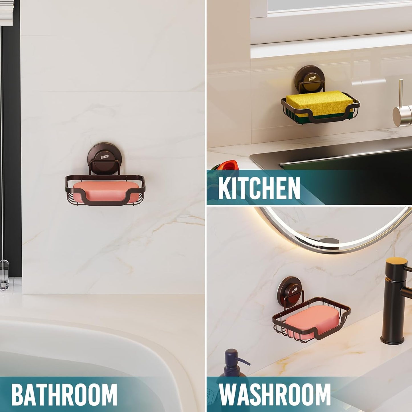 TAILI Soap Holder Bar Dish Suction Cup, Bar Shampoo Rack for Shower Wall, Draining Soap Saver Tray for Bathroom, Rustproof Stainless Steel Sponge Holder for Tub, Kitchen, Drill-Free, Brown