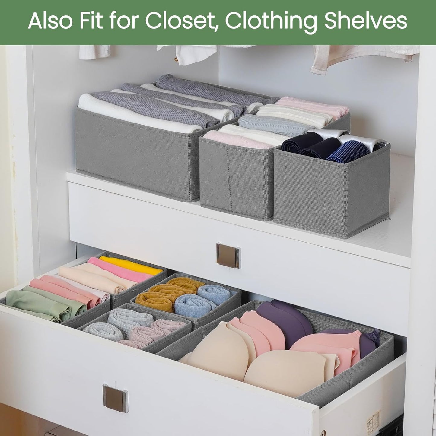 Criusia Drawer Organizer Clothes, 24 Pack Underwear Drawer Organizers, Foldable Closet Organizers and Storage Dresser Drawer Dividers Clothing Organizer for Clothes, Socks, Scarves, Bra, Ties (Grey)