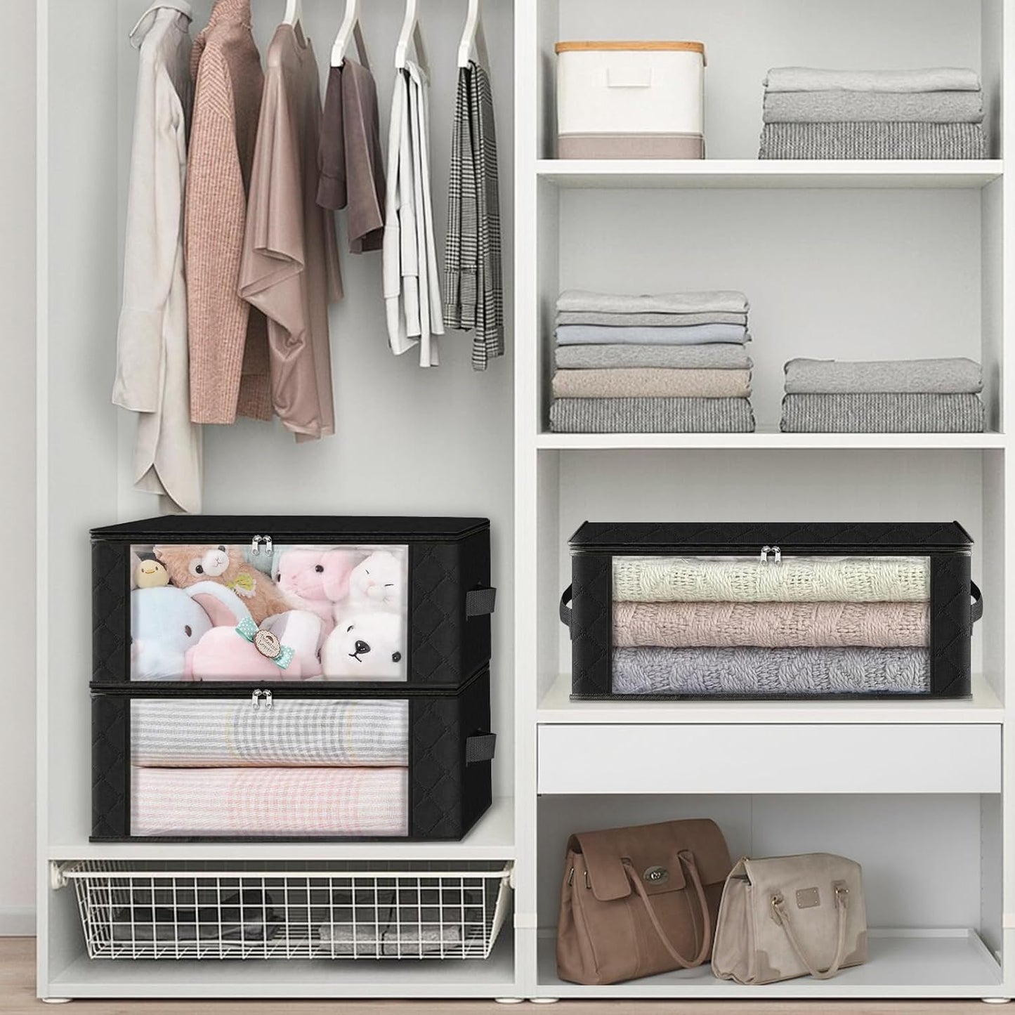 HomeHacks Storage 8-Pack Clothes Organizer Storage Bags Foldable Storage Box with Large Clear Window Sturdy Handles for Closet, Dorm, Pillows, Bedding, Clothes, Blankets, 35L, Black