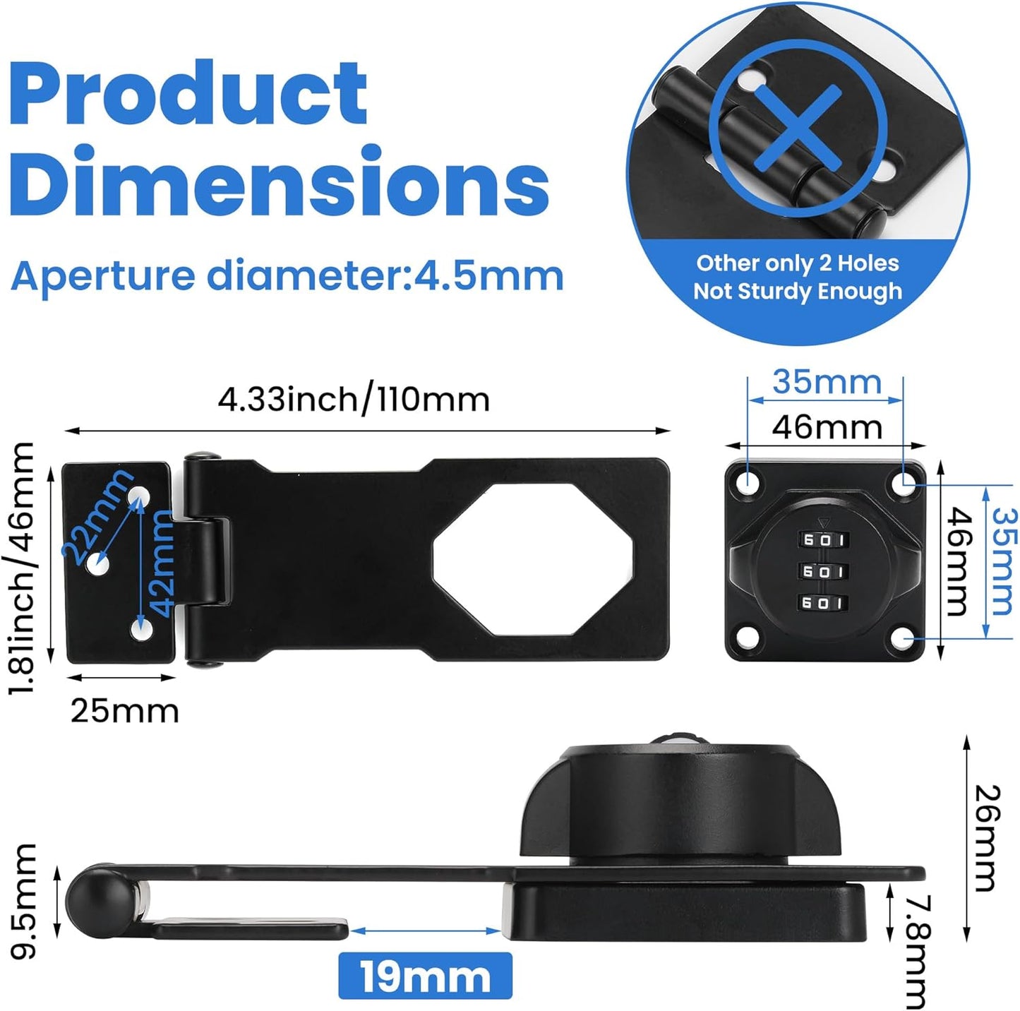 Keyless Cabinet Lock with Combination Code - 3-Digit Password Hasp Latch Lock for Drawers, Bifold Closet Door and Double Sided Door (Black, 4.5 Inch, 2 Pack)