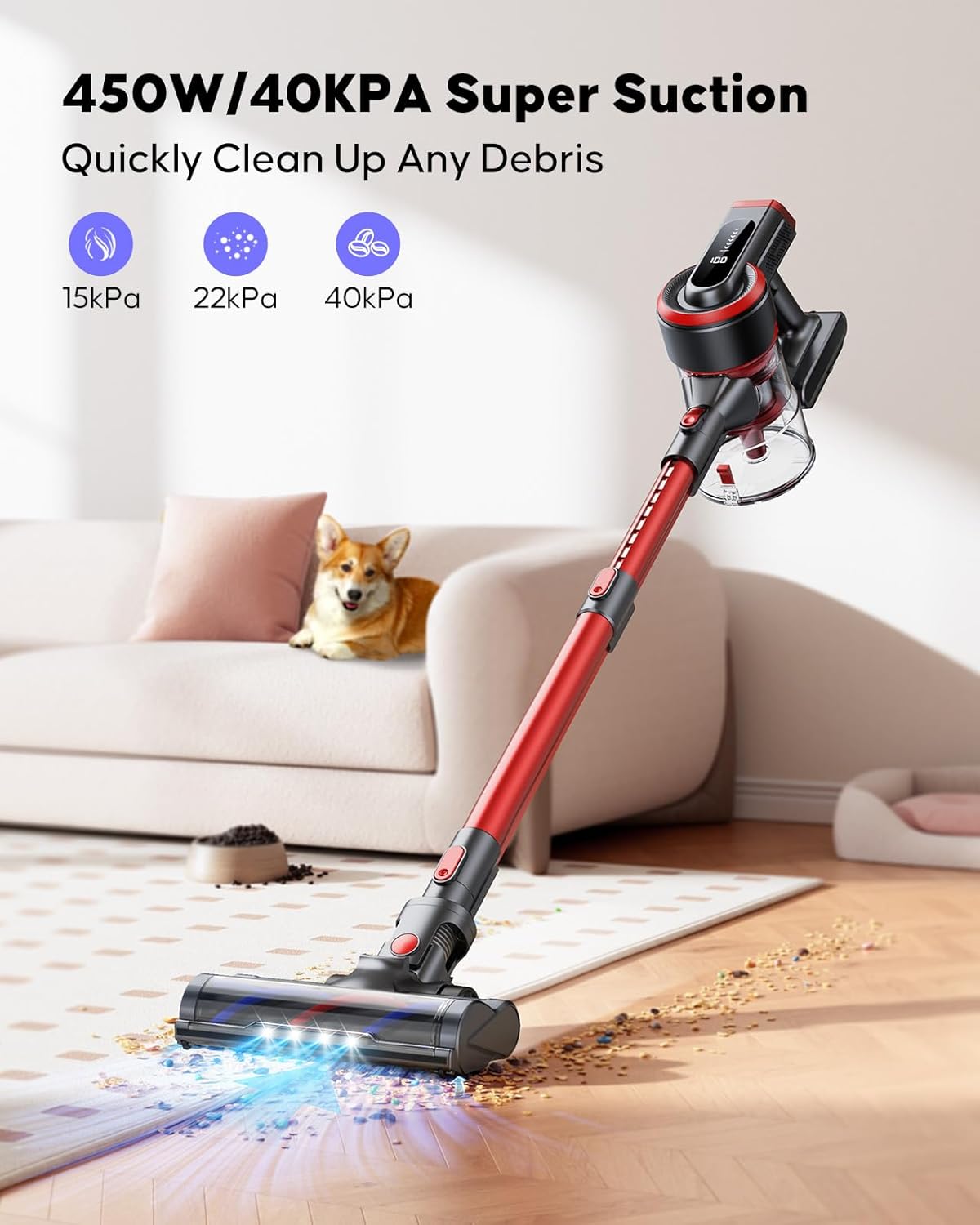 Cordless Vacuum Cleaner, 40kPa/450W Stick Cordless Vacuum Up to 55 Mins Runtime with LED Touch Screen, Anti-Tangle Vacuum Cleaner with Charging Station for Carpet Hard Floor Pet Hair