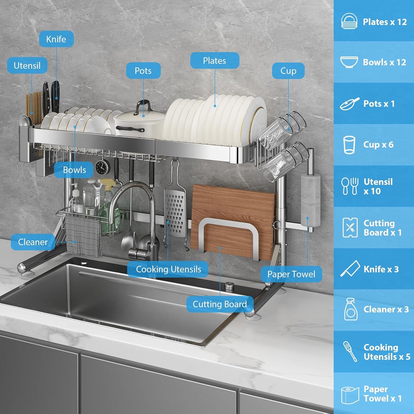 Over The Sink Dish Drainer Drying Rack, 2 Tier Adjustable Width (20.87'' to 37.6'') 304 Stainless Steel Large Over Sink Dish Drying Rack for Kitchen Counter Organizer, (Silver)