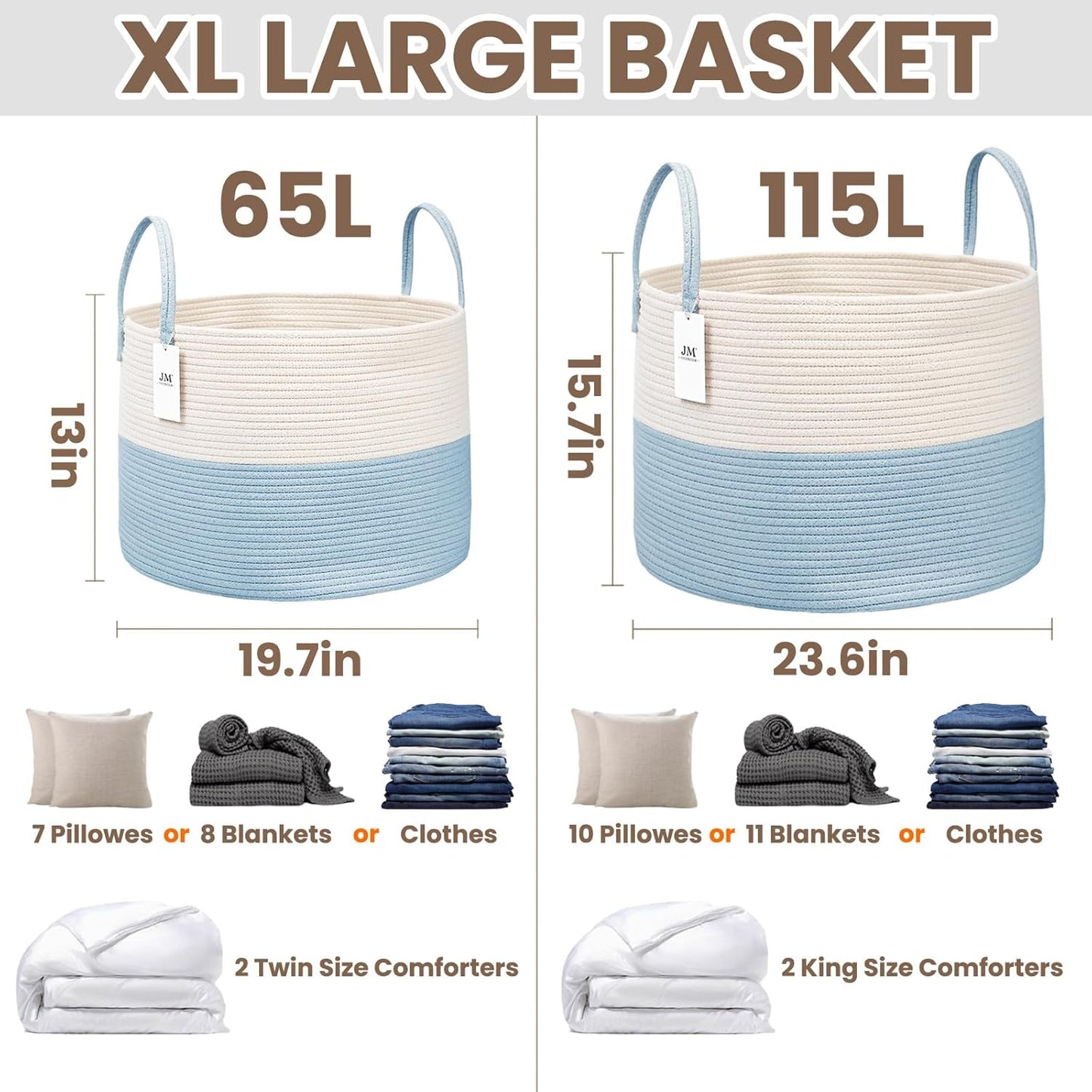 Woven Blanket Basket,115L Large Rope Storage Bin with Handles, Organizer for Blankets Toys Book and Clothes, Laundry Basket for Living Room Bedroom Nursery,White&Blue