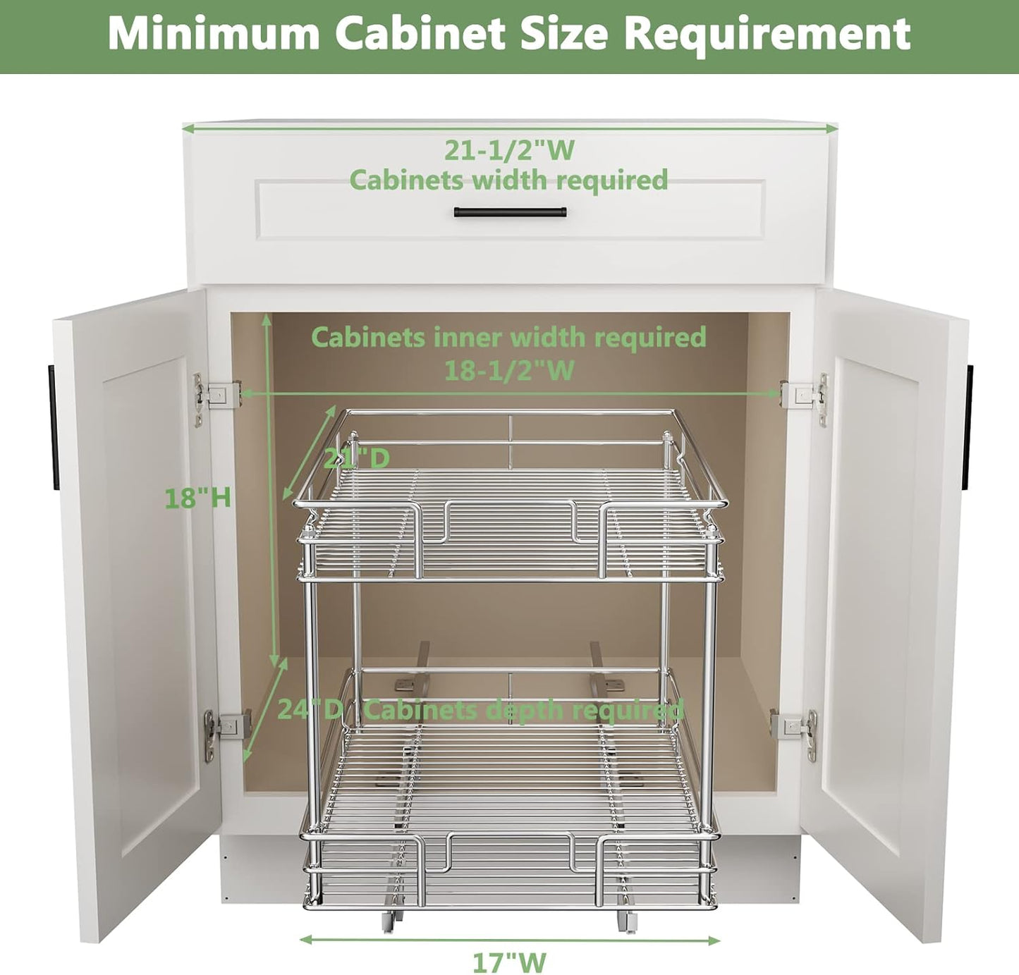 ROOMTEC Pull Out Cabinet Organizer, Kitchen Cabinet Organizer and Storage 2-Tier Cabinet Pull Out Shelves for Kitchen,Under Sink Organizers and Storage 17" W x 21" D Chrome