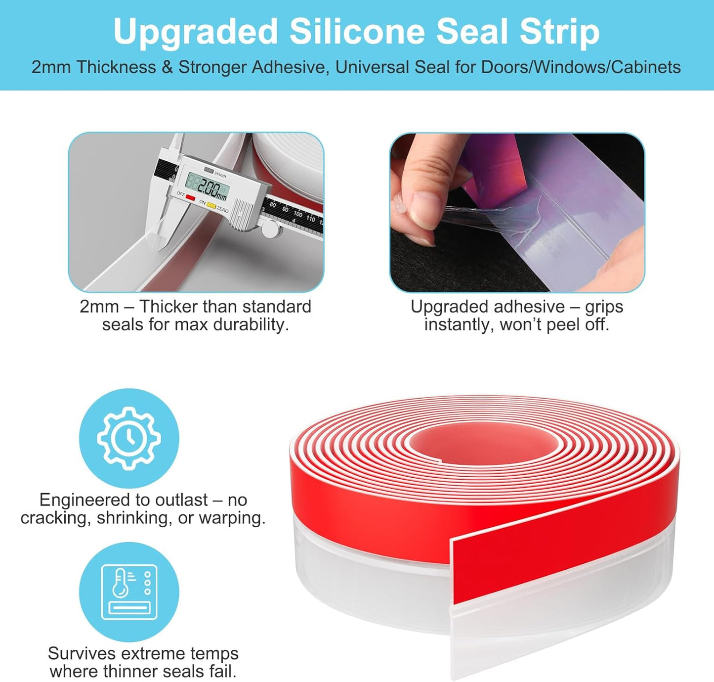 Heavy-Duty 36 ft x 3 in Weather Stripping, Extra Thick 2mm Door Draft Stopper Silicone Seal Strip for House and Glass Shower Doors for Collision and Side Gaps of Door and Windows, Clear