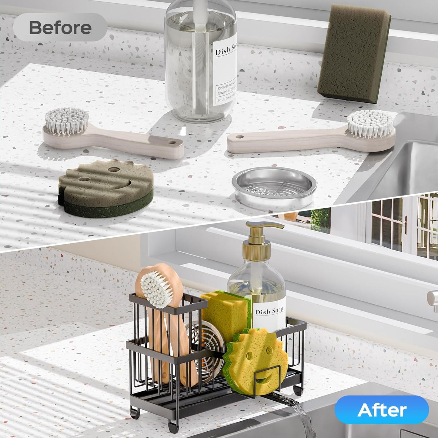 Maifan Kitchen Sink Caddy Organzier Sponge Holder for Kitchen Sink with High Brush Holder, Stainless Steel Rustproof Dish and Smiley Holder for Storage Countertop Essentials Accessories