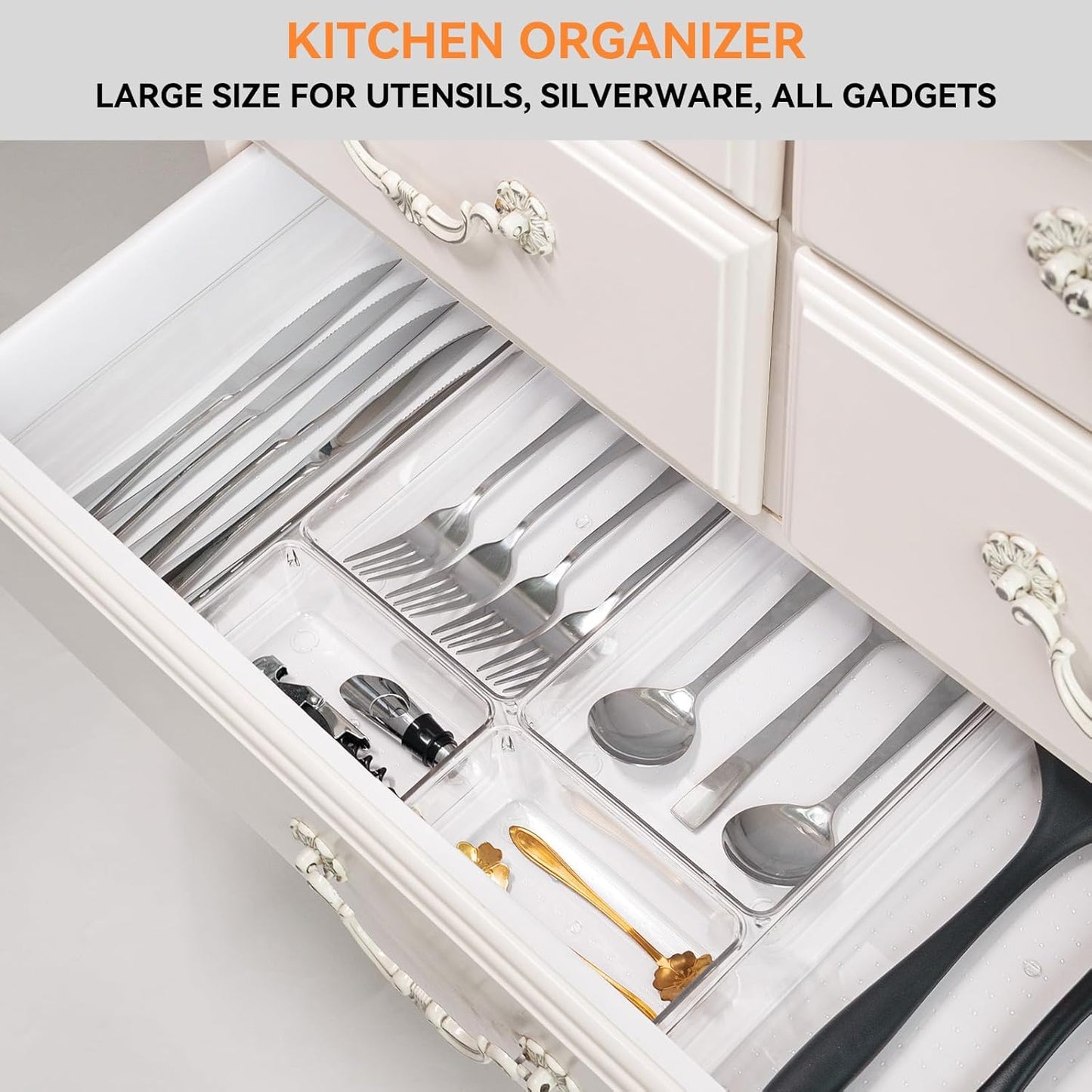 Criusia 8 Pack Drawer Organizer for Kitchen Gadgets, Large Clear Plastic Drawer Divider for Kitchen Accessories, Bathroom Organizers and Storage, Home Essentials for Makeup and Vanity Accessories