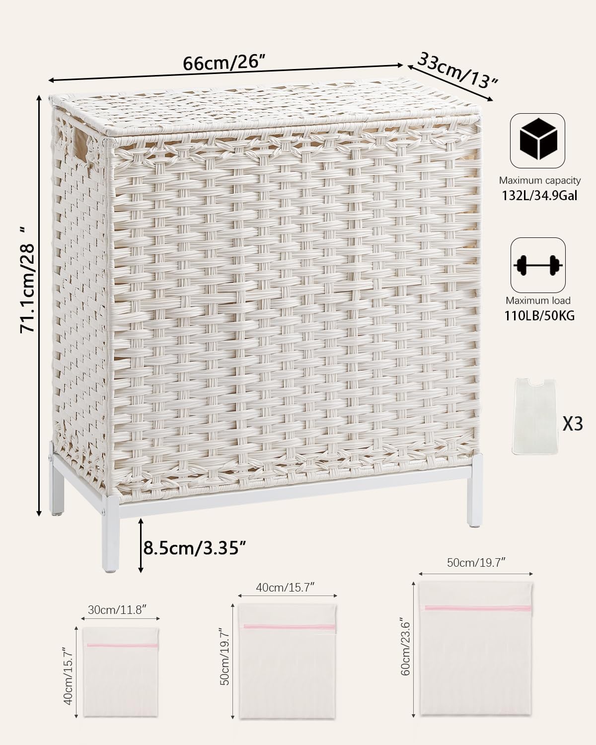 Laundry Hamper with Lid 132 L, (35 Gallons) Clothes Hamper with Lid, Handwoven Rattan Laundry Hamper with Metal Heightened Feet, Laundry Hampers with 3 Removable Liner Bags for Laundry-White