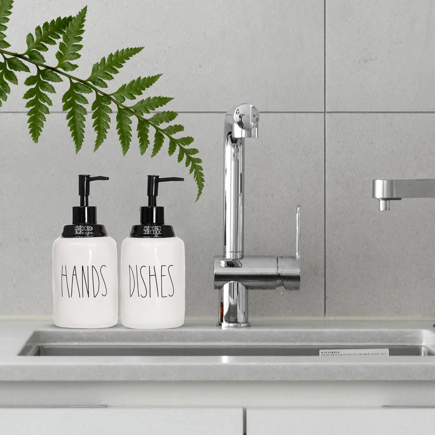 Modern Farmhouse Ceramic Dishes and Hands Soap Dispenser Set for Kitchen | Stainless Steel Pumps | 14oz, White Bottles | Kitchen Décor for Counter