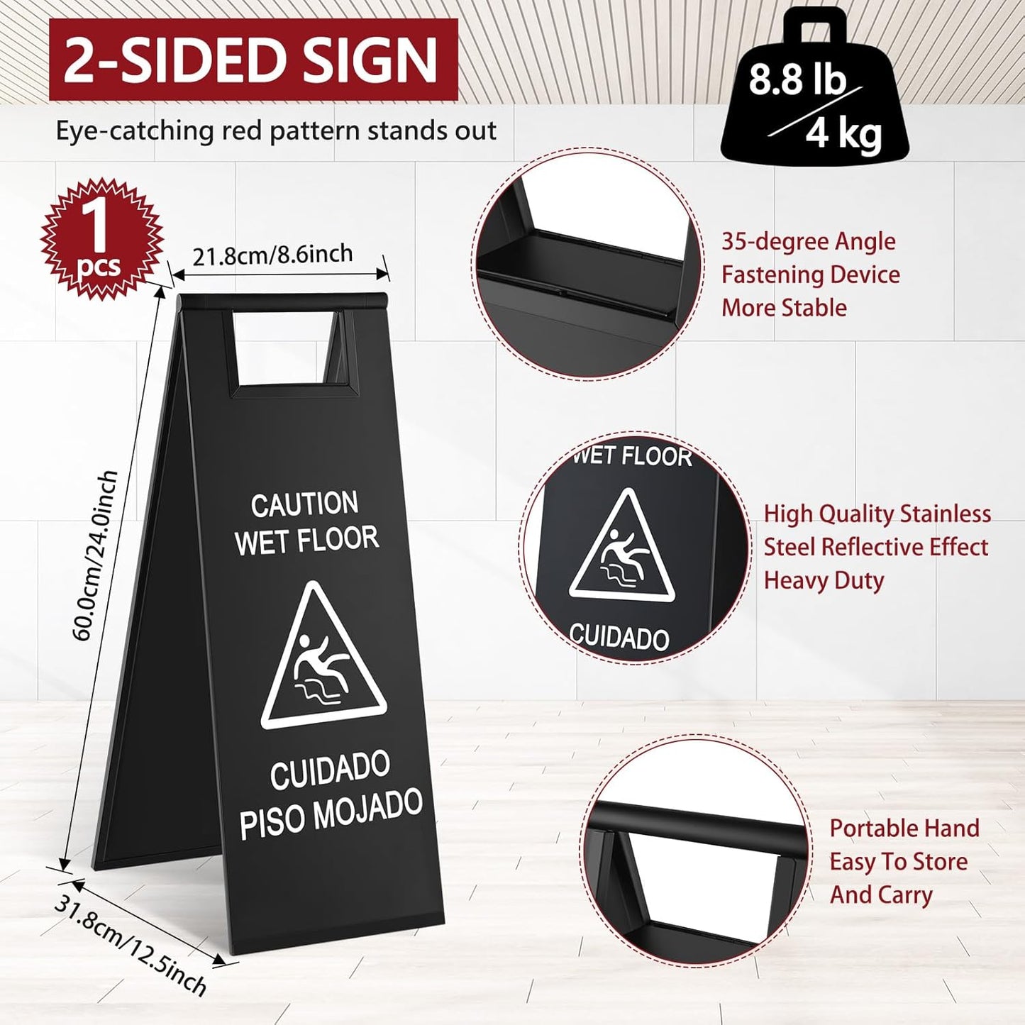 Stainless Steel Wet Floor Caution Sign Bulk 8.8 Pound Portable Foldable Handle Bilingual Safety Sign for Kitchen Restaurant Supermarket Shop Commercial Use Avoid Fall and Slip Accident (Black)