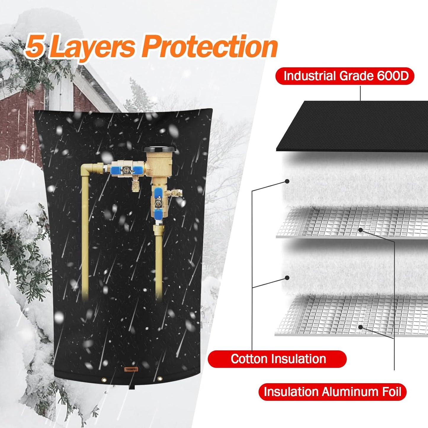 TOHONFOO Backflow Preventer Pipe Insulation Cover (5°F) - Irrigation Sprinkler Valve Insulated Pouch - Water Well Pump Cover - Sturdy 5 Layers for Winter Freeze Protection, 22" W x 34" H, Black