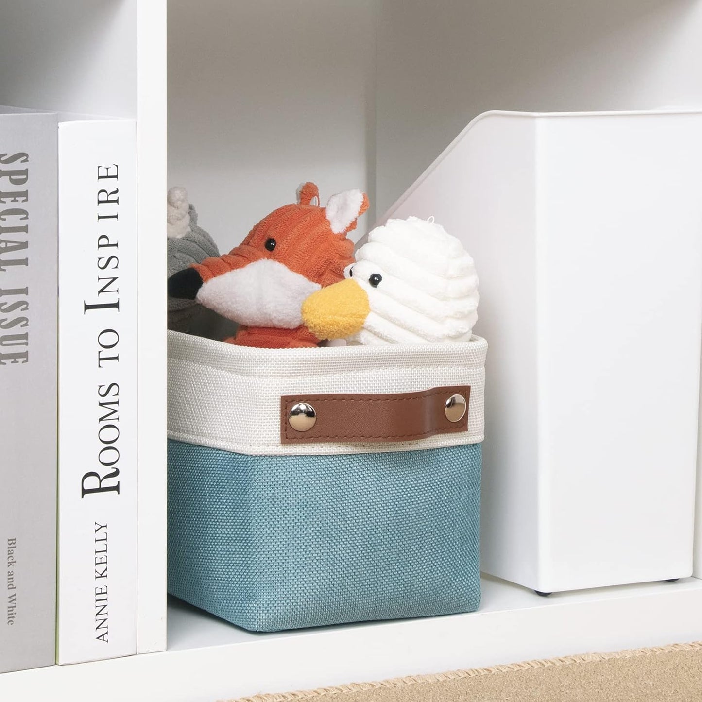 DULLEMELO Fabric Bathroom Storage Bin with Leather Handles, Narrow Organizer for Towels, Toilet Paper Rolls, Storage Basket for Back of Toilet, Vanities, Shelves & Cabinets (White&Teal)