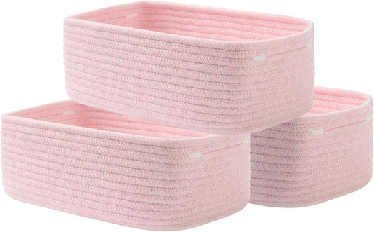 Small Woven Basket, 12 x 8 x 4.5 Inches, Storage Basket for Organizing, Cute Small Rope Shelf Closet Cube Storage Bins Baskets for Shelves, Dog Toy Gift Baskets Empty, 3 Pack Light Pink