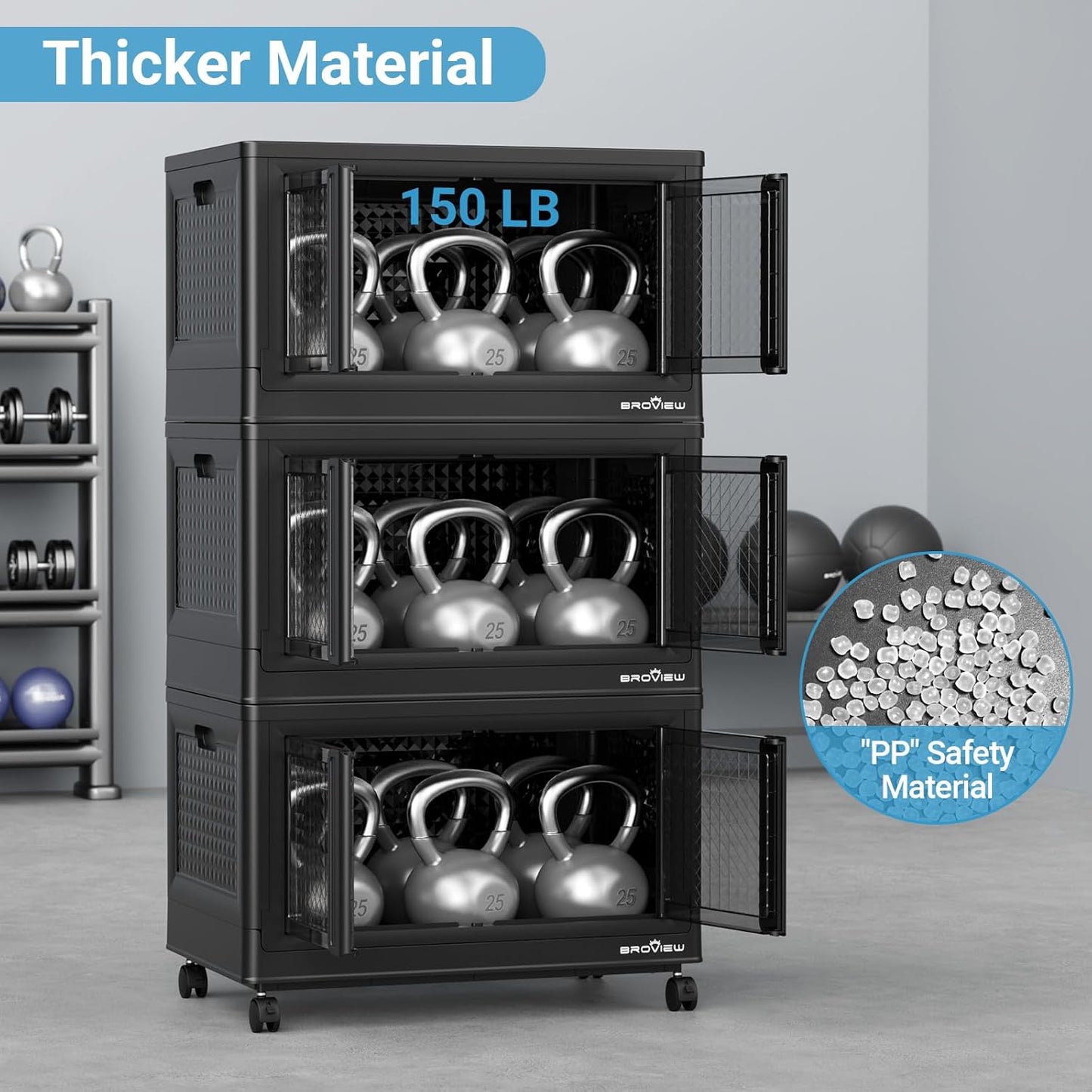 BROVIEW 300Qt Stackable Storage Bins with Lids, 75Gal Closet Organizers and Storage Drawer, Plastic Collapsible Storage Bins with Doors, Heavy Duty Store Box Cabinet for Home Kitchen, 3Pack Black