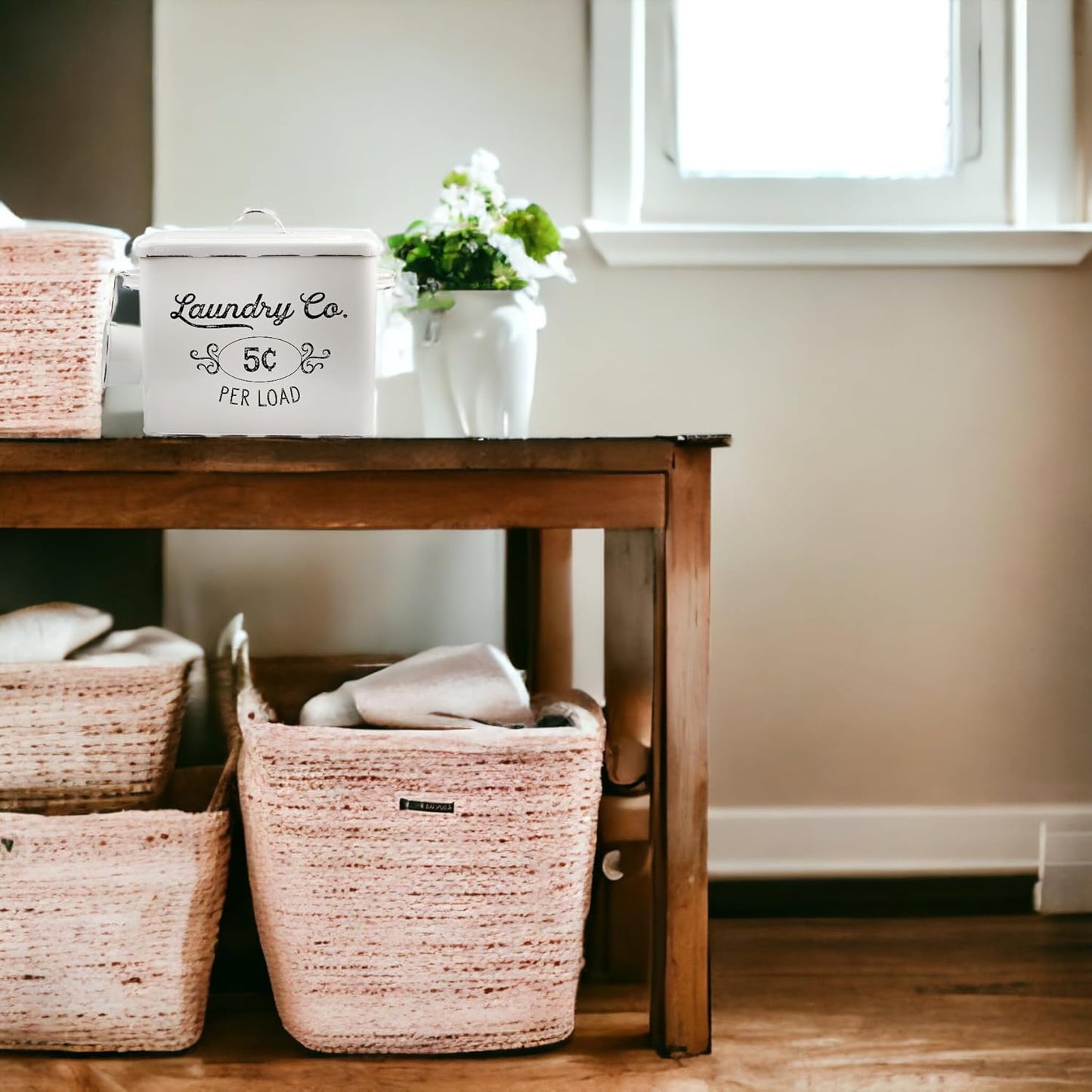 AuldHome Design Farmhouse Laundry Powder Container, White Enamelware Detergent Bin w/ Scoop